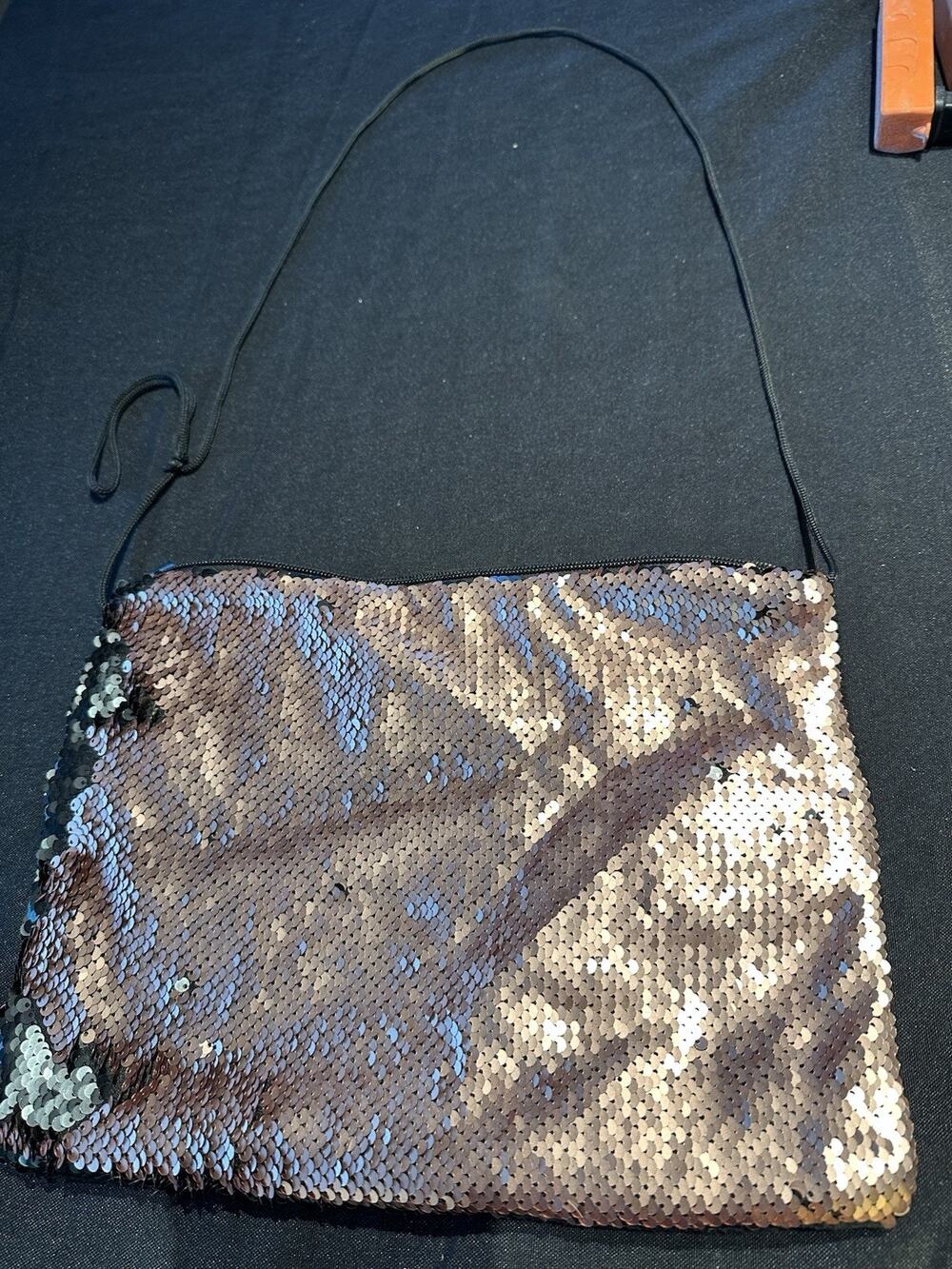 Reversible Sequin Shoulder Bag Black and Rose Gold Sparkle Party Purse.